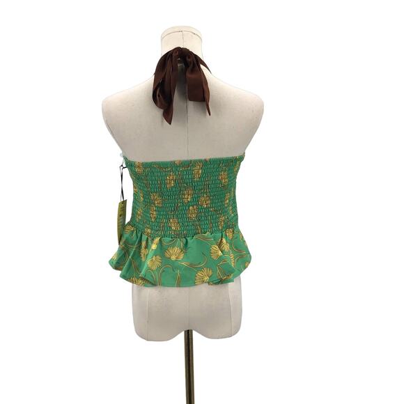 UNIQUE VINTAGE 6-8 M Green Floral Retro Pinup Peplum Halter Blouse Top NWT B116 - Picture 4 of 8